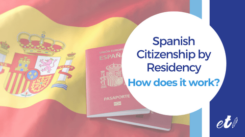 spain flag and passport acquired through the spanish citizenship by residency