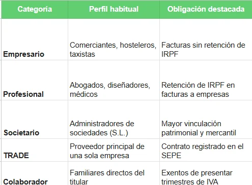 Categoría - tipos de autónomos